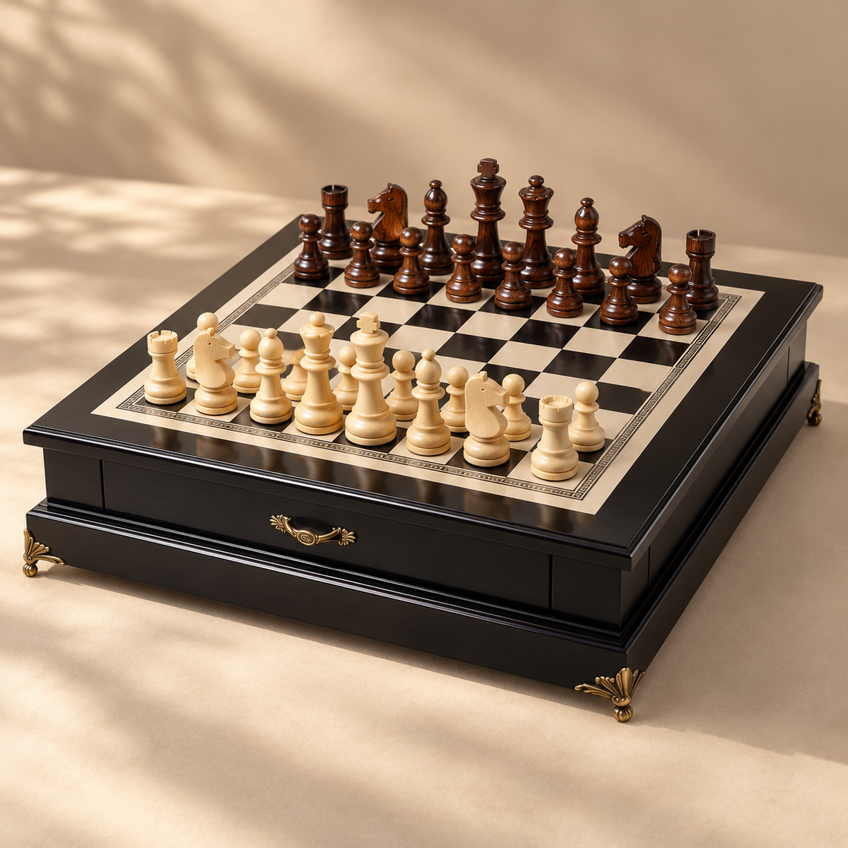 Jeu d'échecs en bois d'olivier laqué, pieds dorés et poignée en laiton