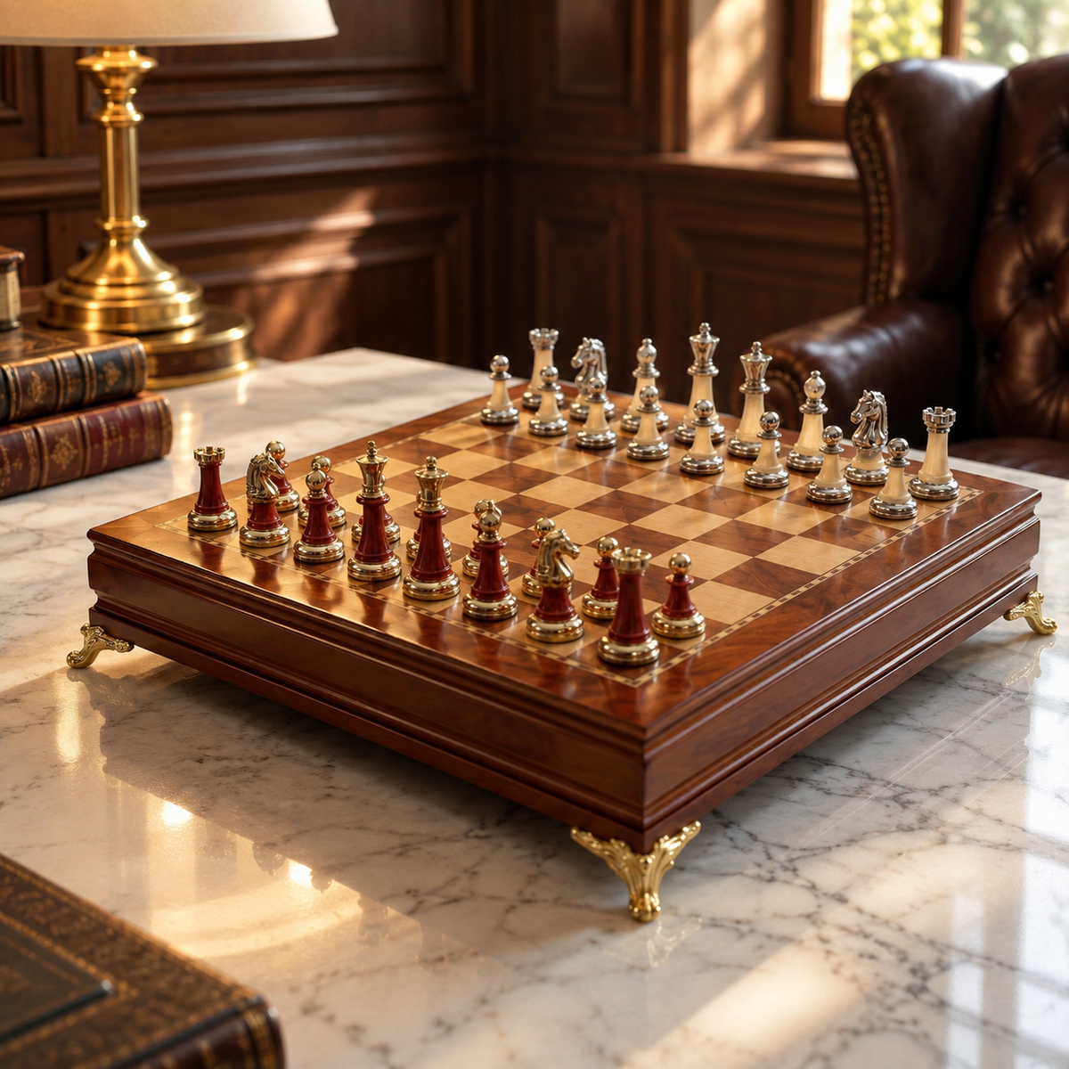 Jeu d'échecs en bois d'ébène massif, pièces incrustées de métal et pieds dorés