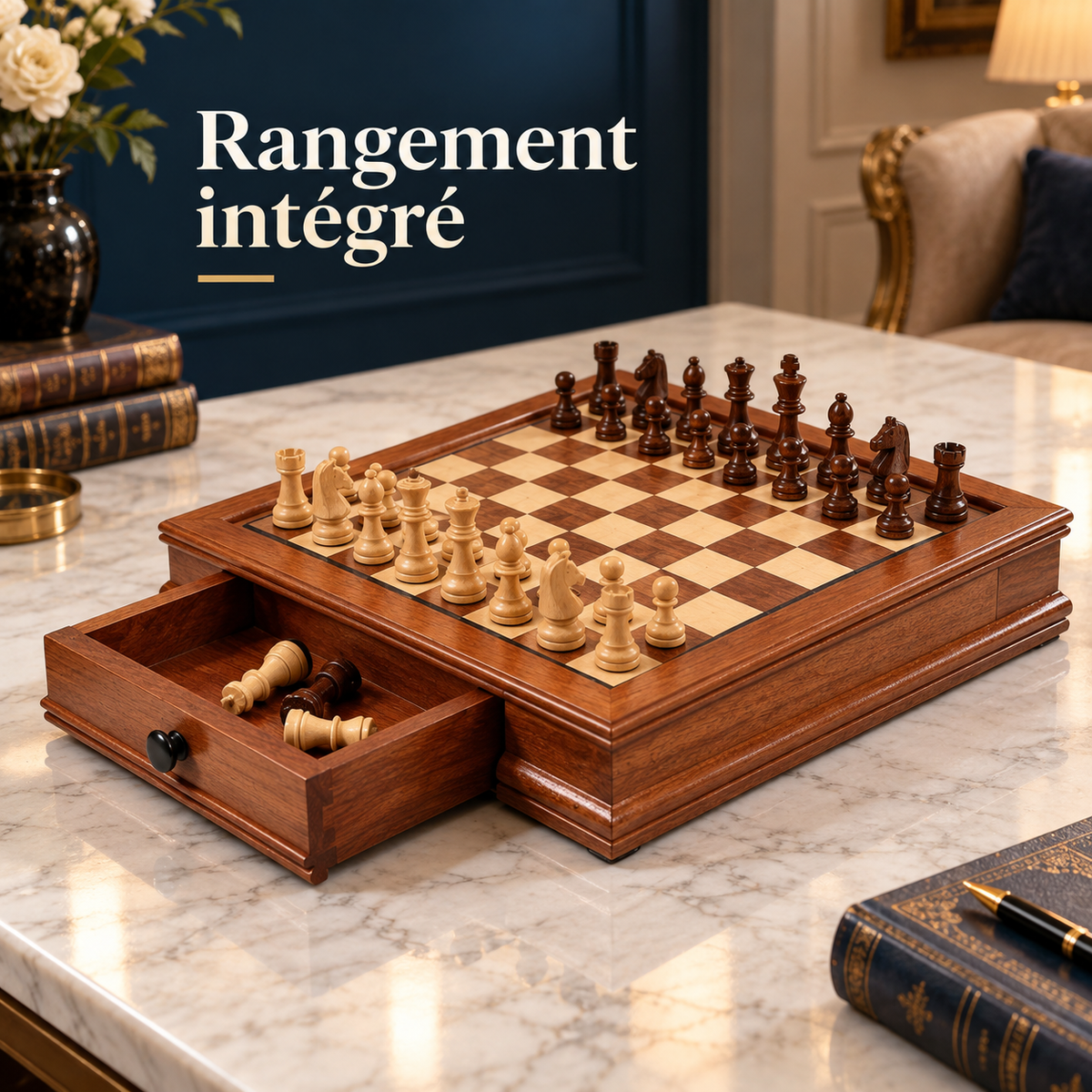 Échiquier magnétique en bois d'érable avec tiroirs et guide de stratégie