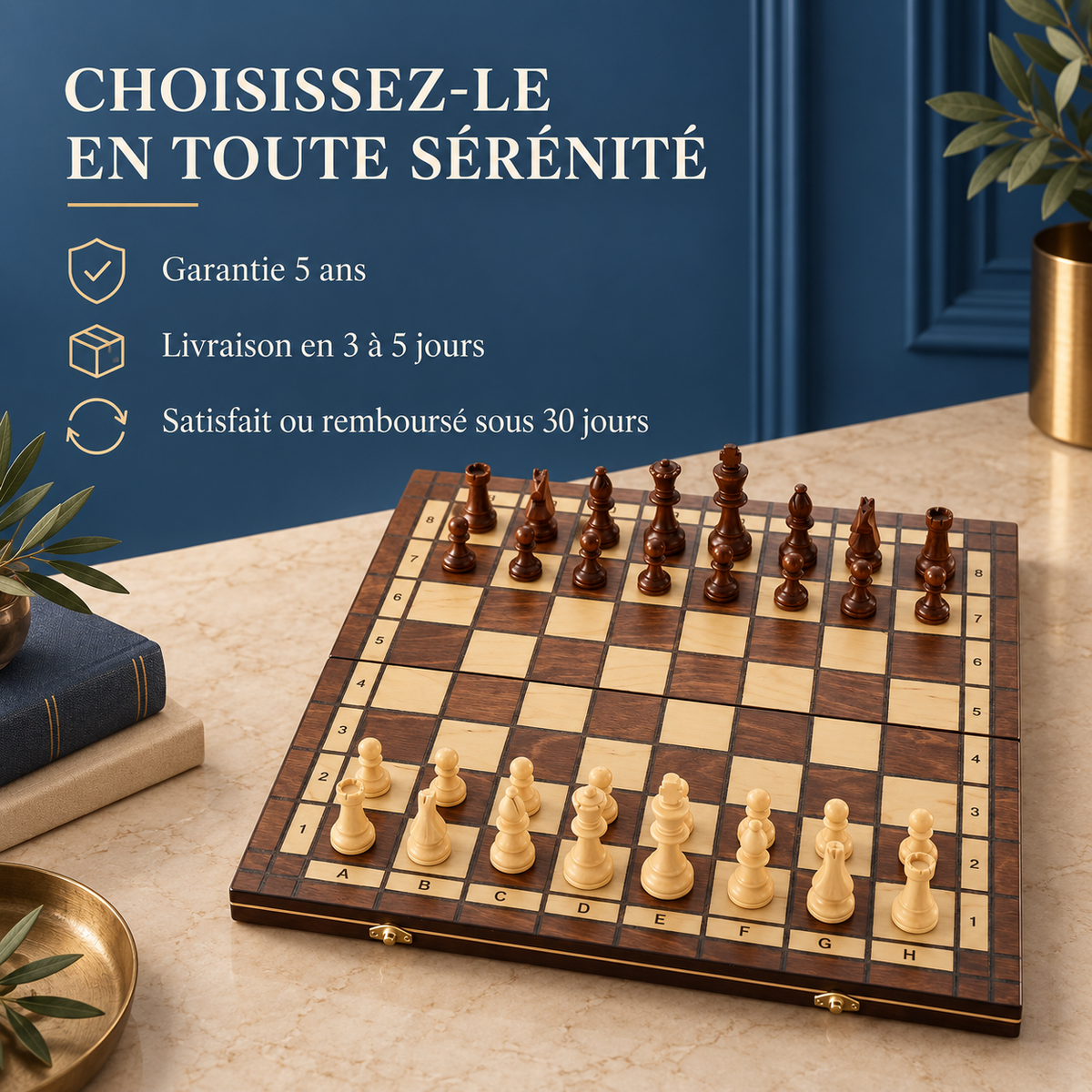 Échiquier pliable magnétique en bois de noyer massif – format voyage