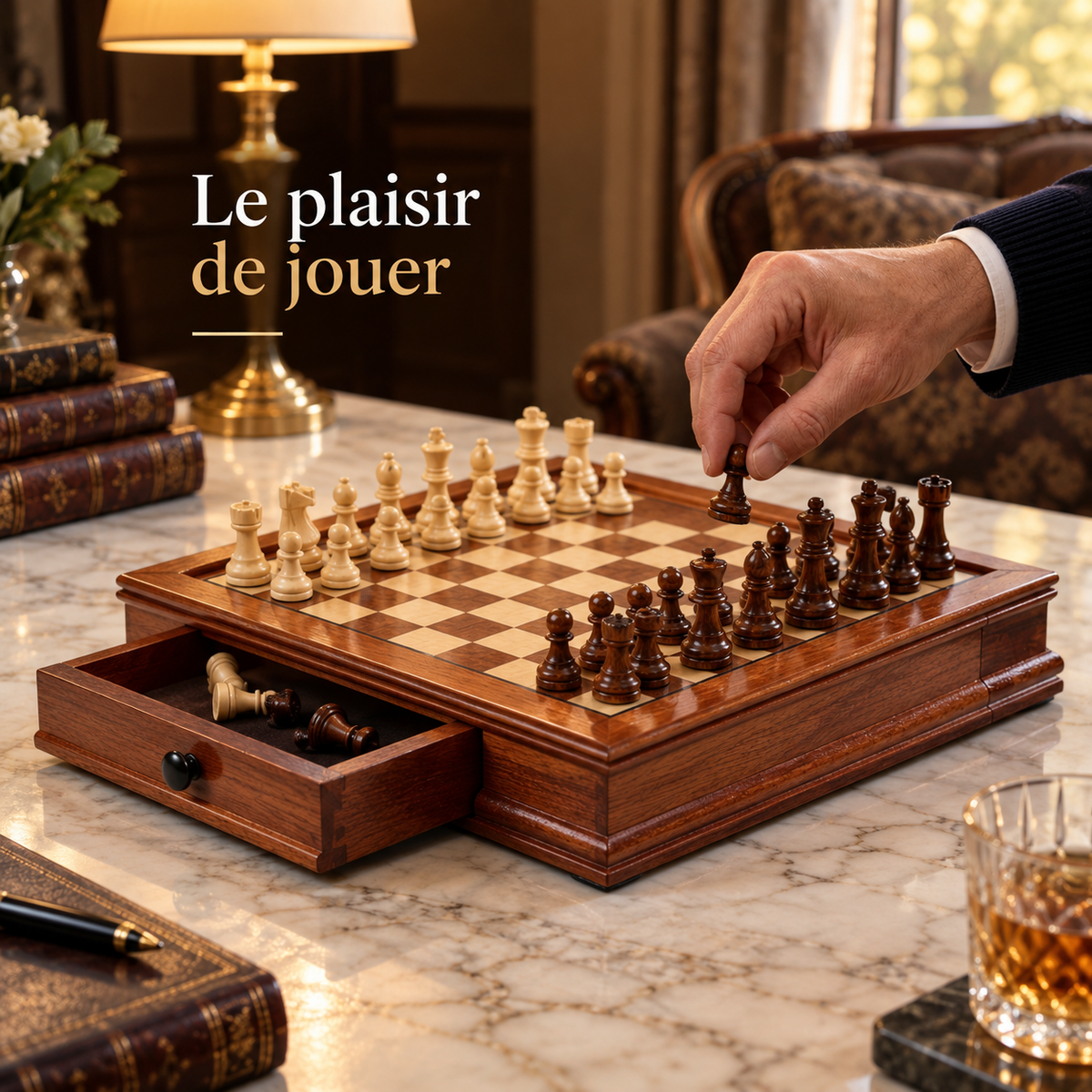Échiquier magnétique en bois d'érable avec tiroirs et guide de stratégie