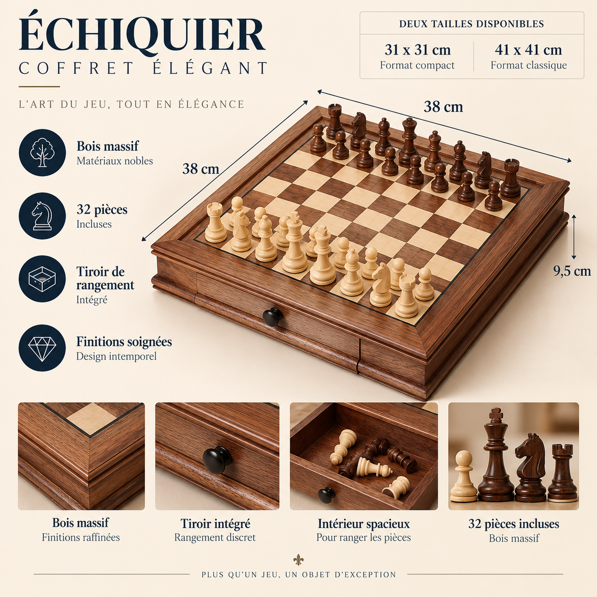 Échiquier magnétique en bois d'érable avec tiroirs et guide de stratégie