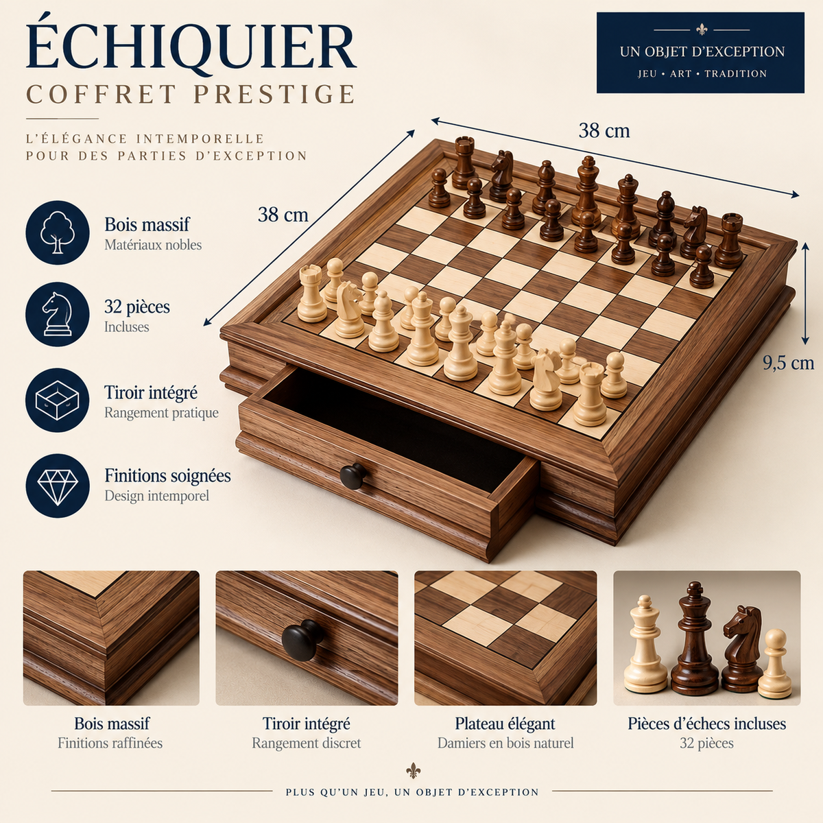 Échiquier en bois de noyer massif façonné à la main, pièces lestées, 38 cm