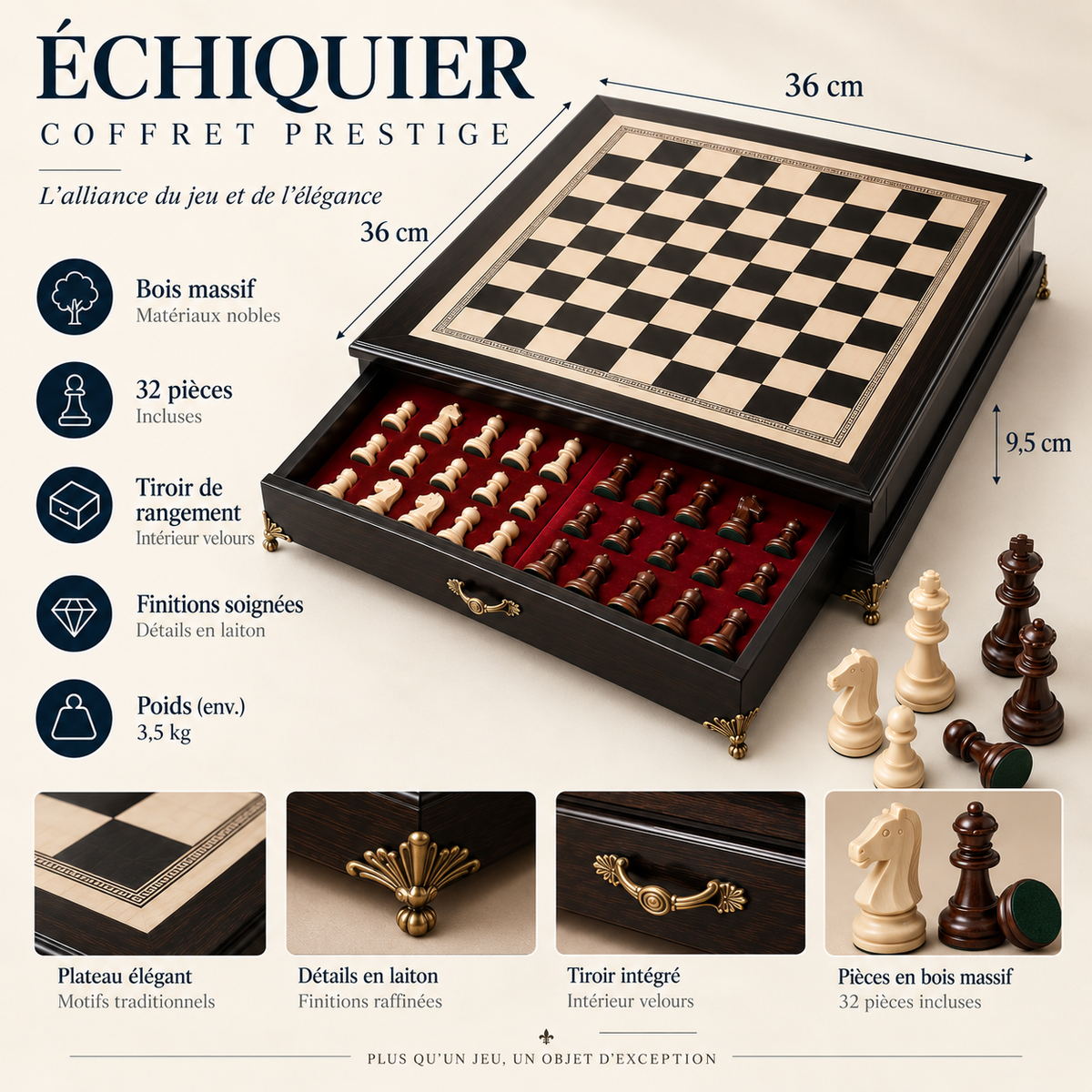 Jeu d'échecs en bois d'olivier laqué, pieds dorés et poignée en laiton