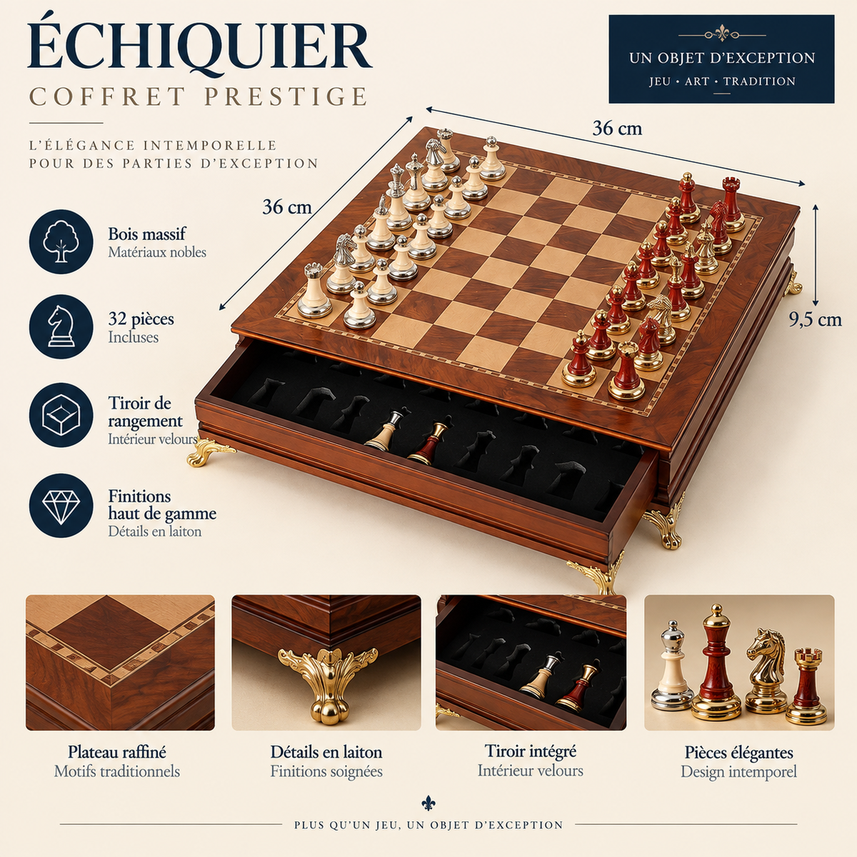 Jeu d'échecs en bois d'ébène massif, pièces incrustées de métal et pieds dorés