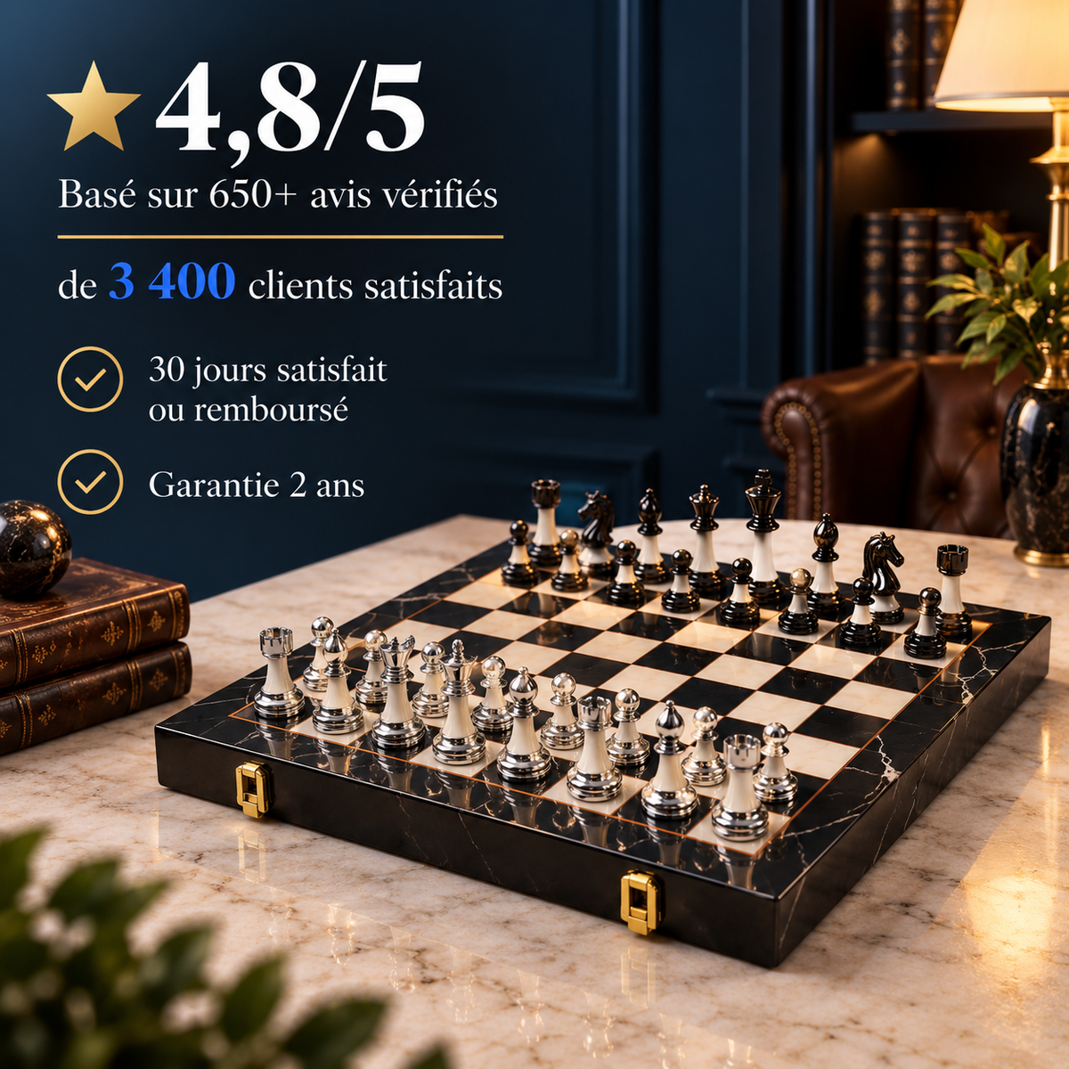 Échiquier pliable en bois d'ébène avec mallette et pièces en acrylique finition métal