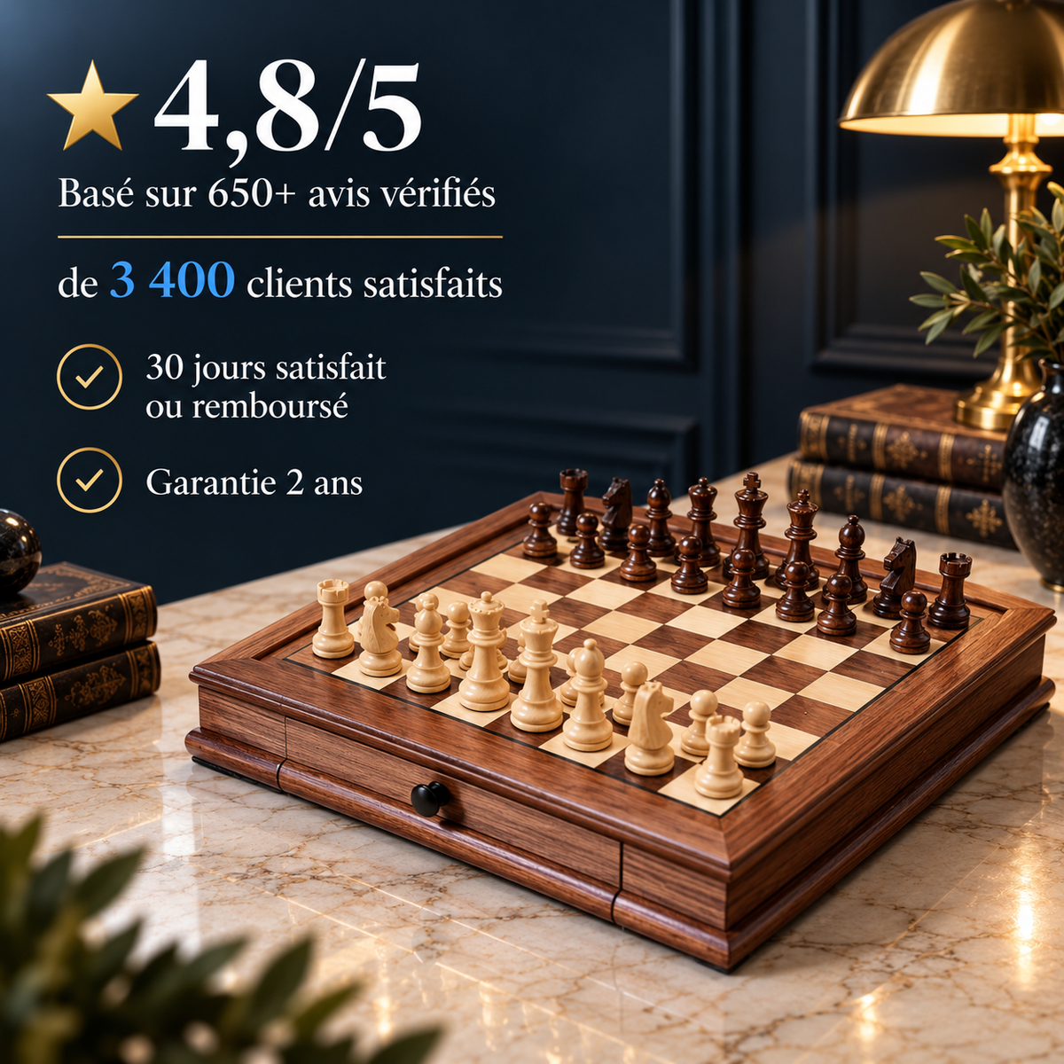 Échiquier magnétique en bois d'érable avec tiroirs et guide de stratégie