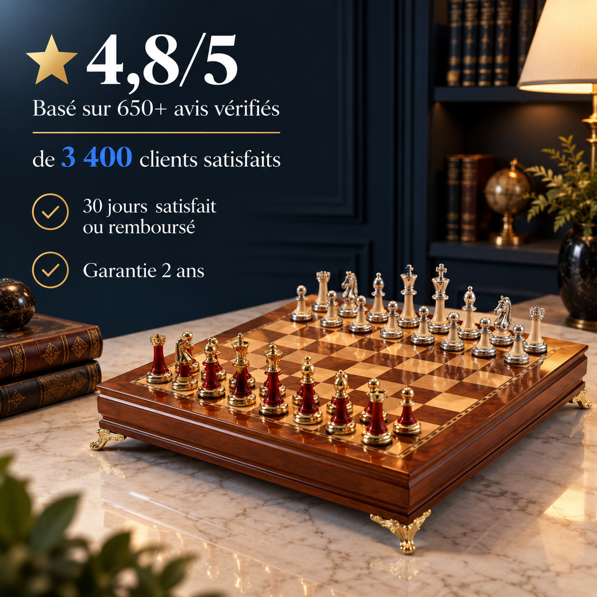 Jeu d'échecs en bois d'ébène massif, pièces incrustées de métal et pieds dorés