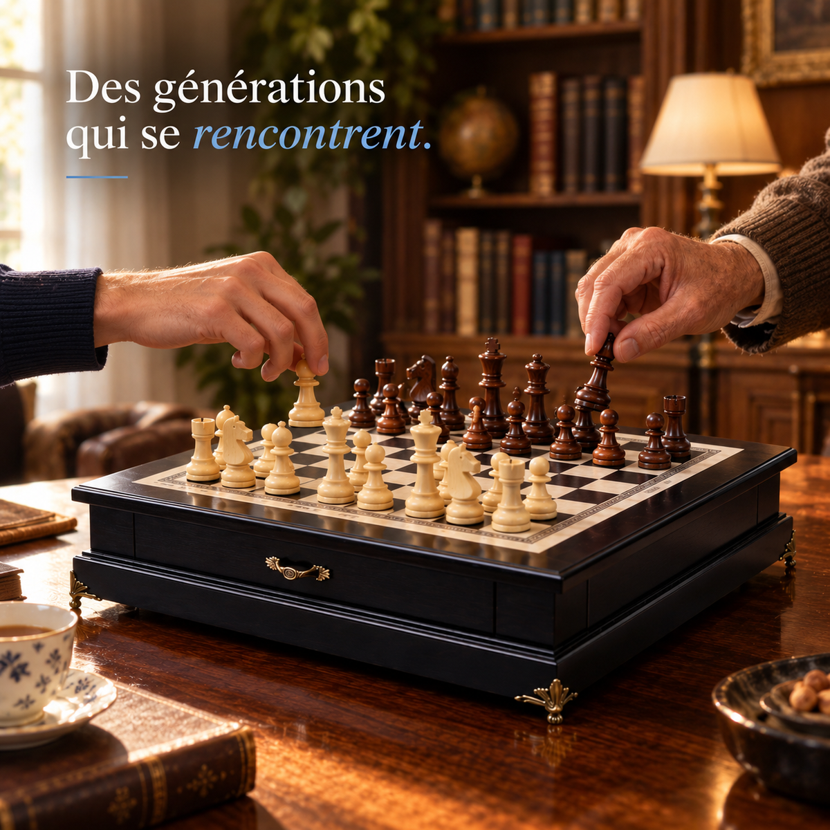 Jeu d'échecs en bois d'olivier laqué, pieds dorés et poignée en laiton