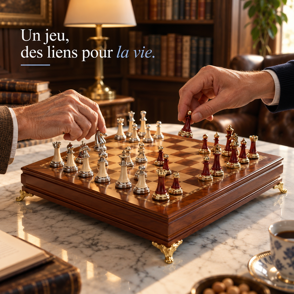 Jeu d'échecs en bois d'ébène massif, pièces incrustées de métal et pieds dorés
