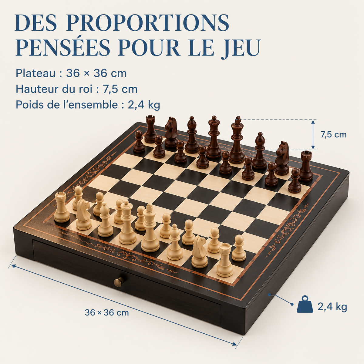 Échiquier magnétique en bois de noyer et d'érable avec tiroirs de rangement