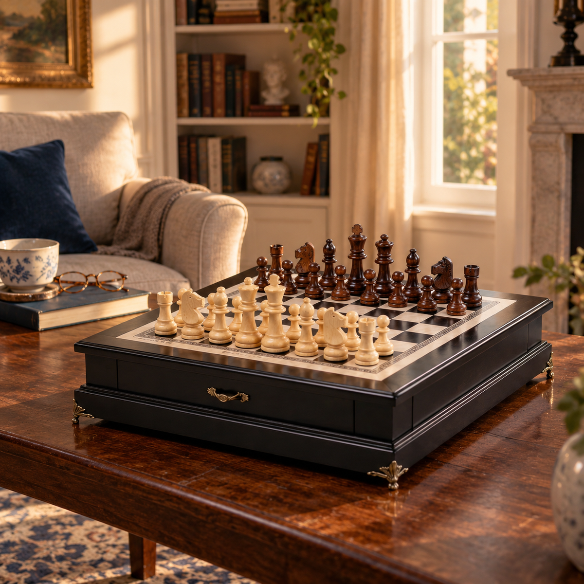 Jeu d'échecs en bois d'olivier laqué, pieds dorés et poignée en laiton