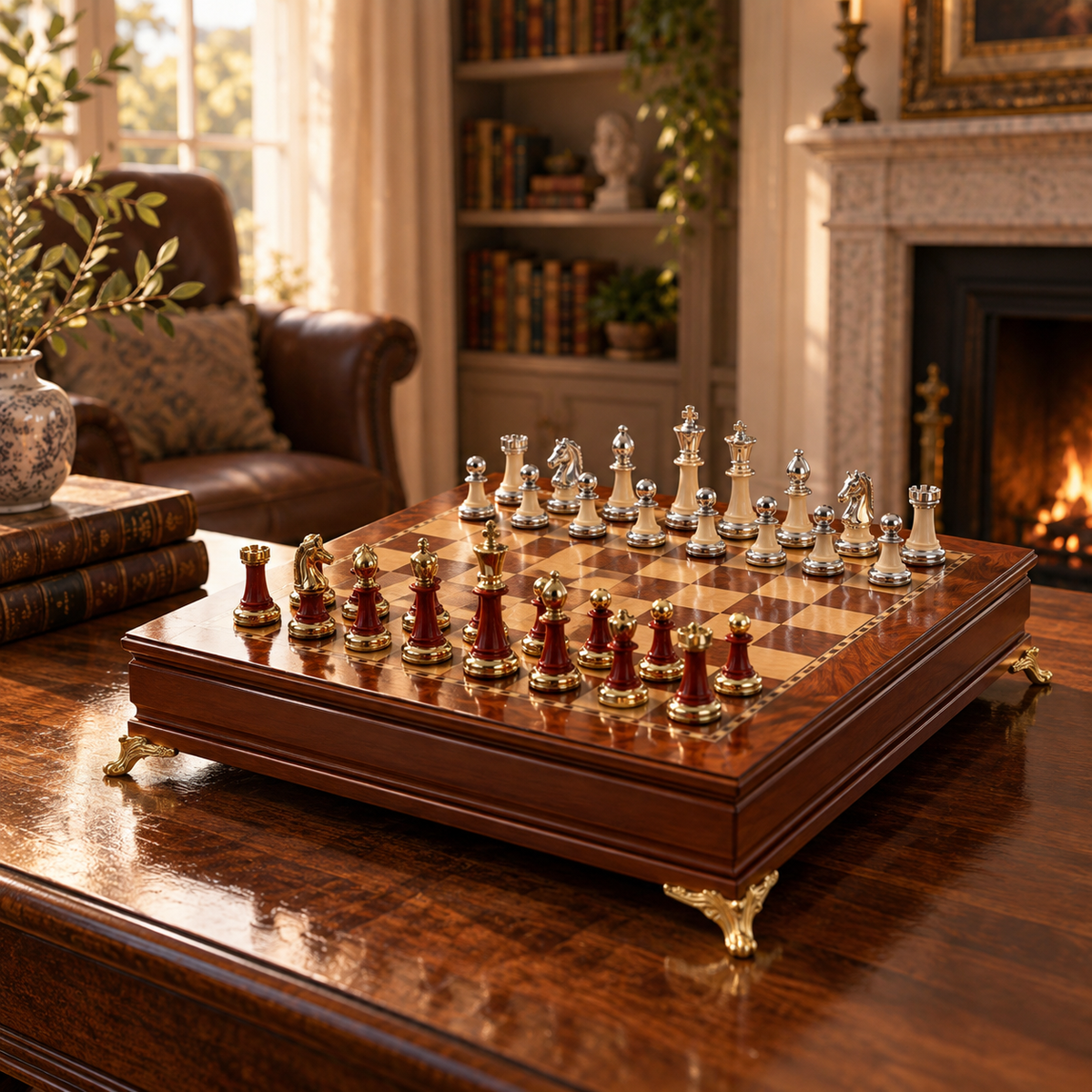 Jeu d'échecs en bois d'ébène massif, pièces incrustées de métal et pieds dorés