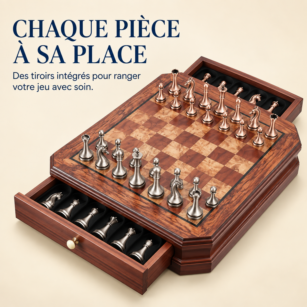 Jeu d'échecs en bois d'acajou avec tiroirs et pièces en métal vieilli