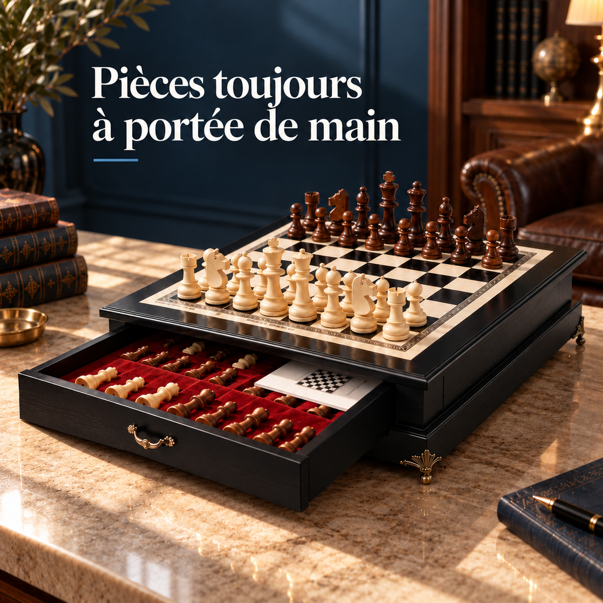 Jeu d'échecs en bois d'olivier laqué, pieds dorés et poignée en laiton