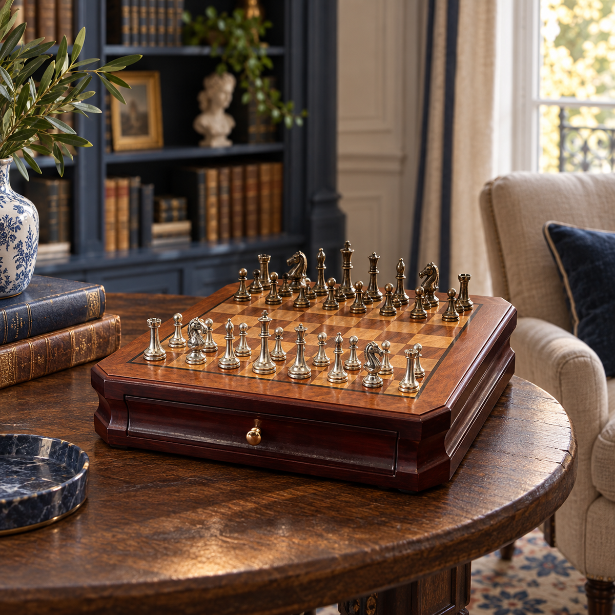 Jeu d'échecs en bois d'acajou avec tiroirs et pièces en métal vieilli
