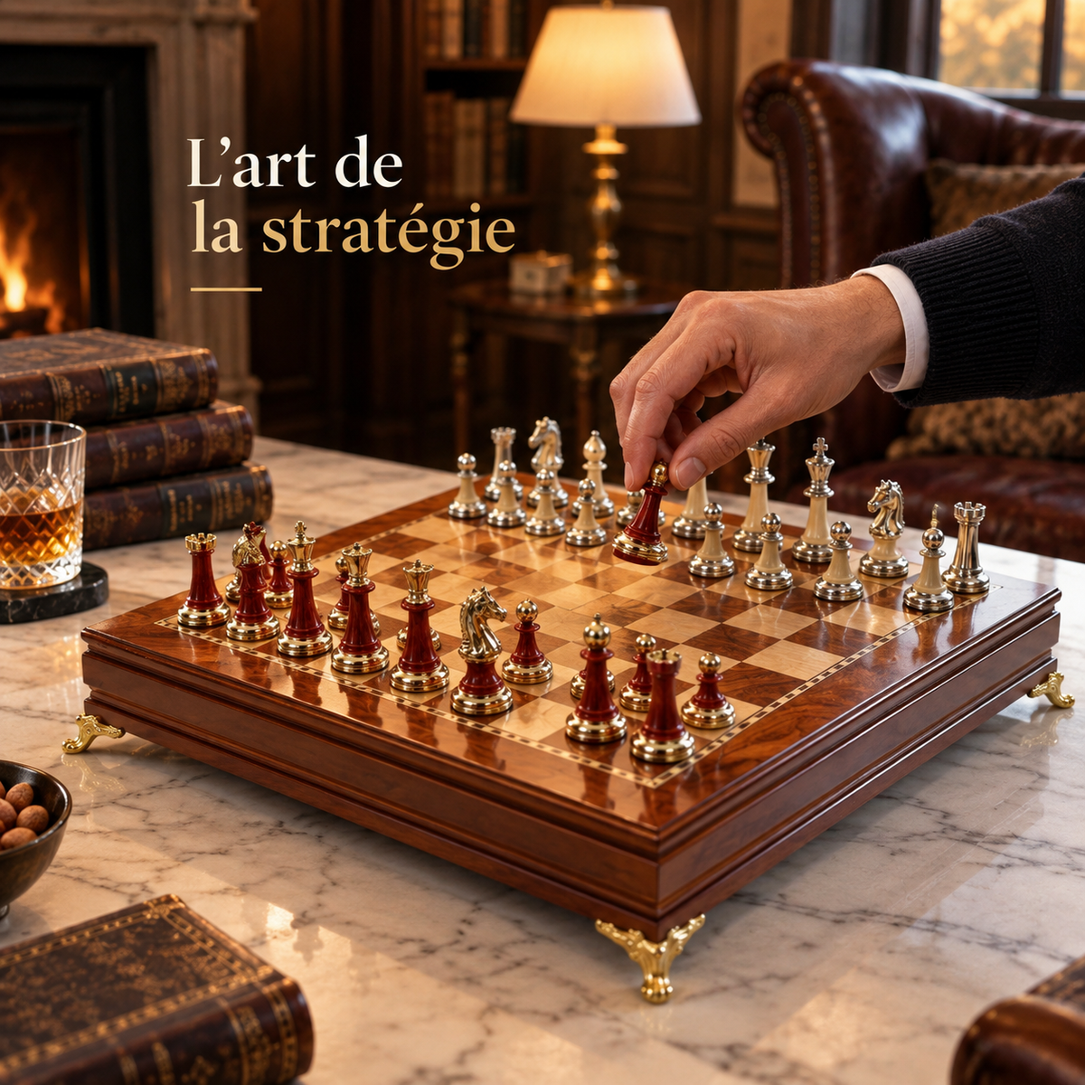 Jeu d'échecs en bois d'ébène massif, pièces incrustées de métal et pieds dorés