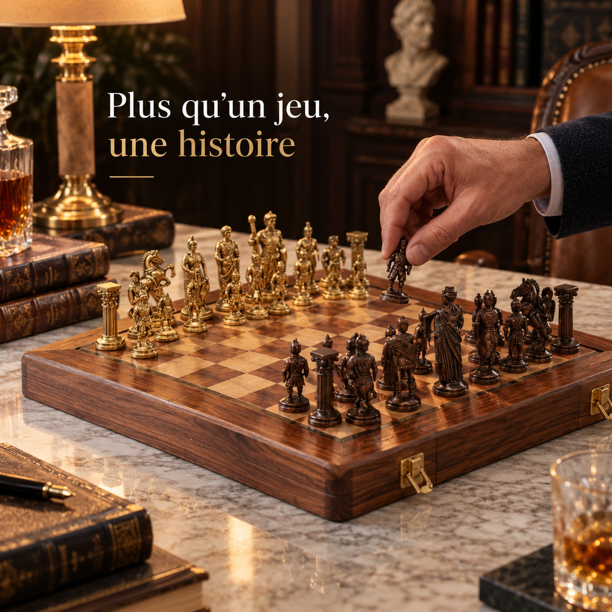 Échiquier pliable en bois d'acajou et pièces en laiton poli, fait main