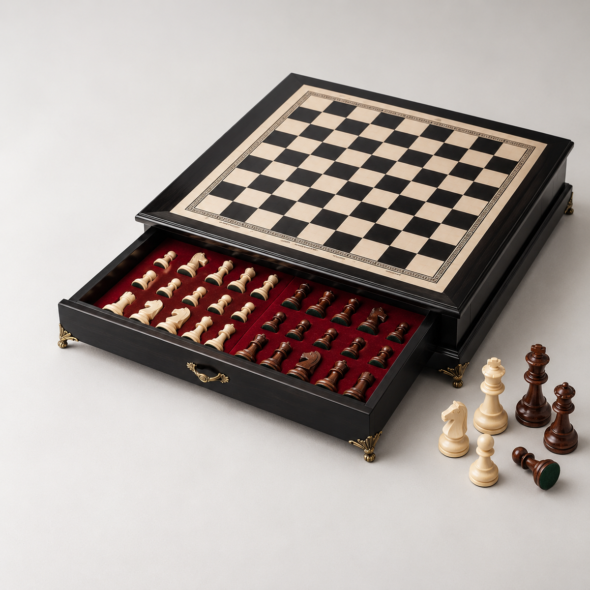 Jeu d'échecs en bois d'olivier laqué, pieds dorés et poignée en laiton