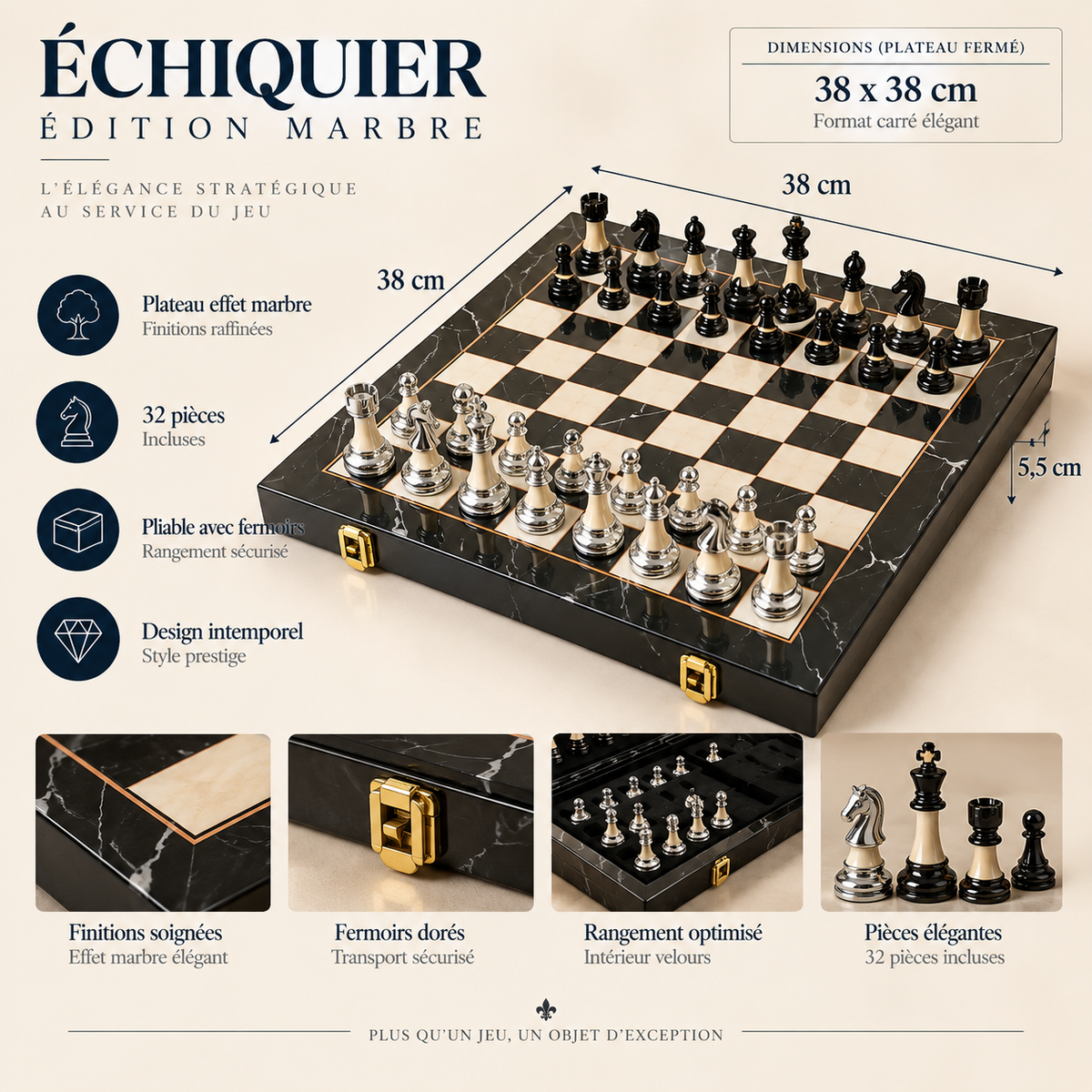Échiquier pliable en bois d'ébène avec mallette et pièces en acrylique finition métal