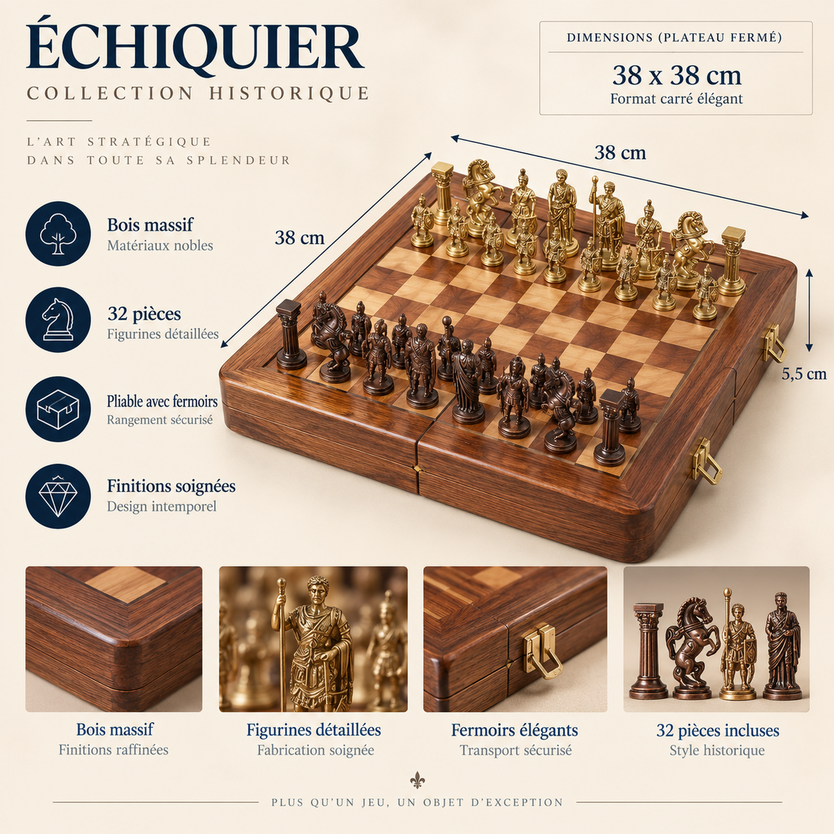 Échiquier pliable en bois d'acajou et pièces en laiton poli, fait main