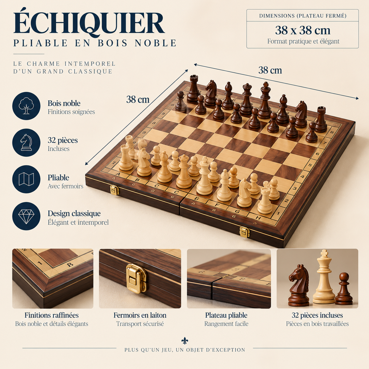 Échiquier pliable magnétique en bois d'acajou, feutre intégré