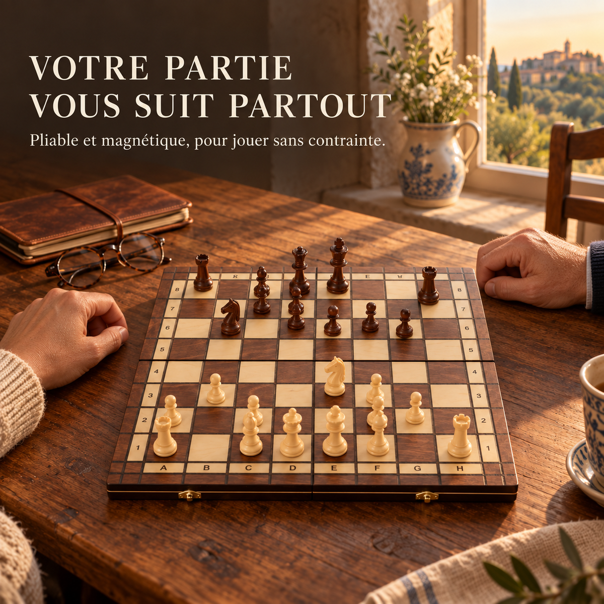 Échiquier pliable magnétique en bois de noyer massif – format voyage