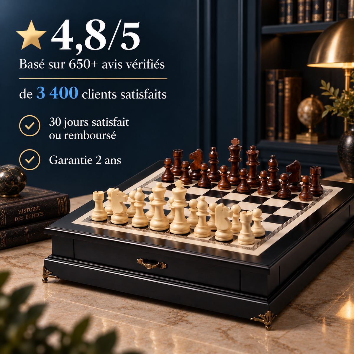 Jeu d'échecs en bois d'olivier laqué, pieds dorés et poignée en laiton