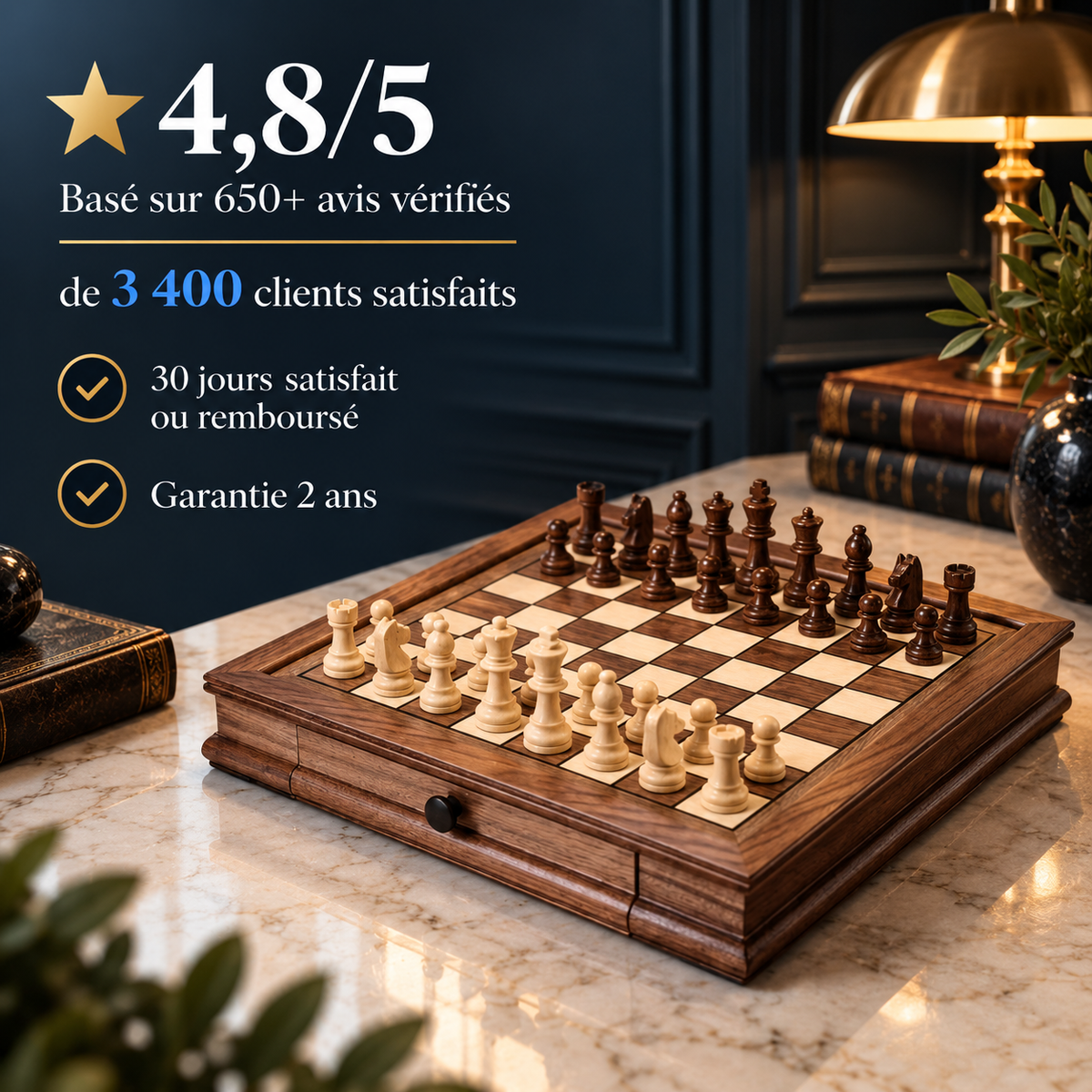 Échiquier en bois de noyer massif façonné à la main, pièces lestées, 38 cm