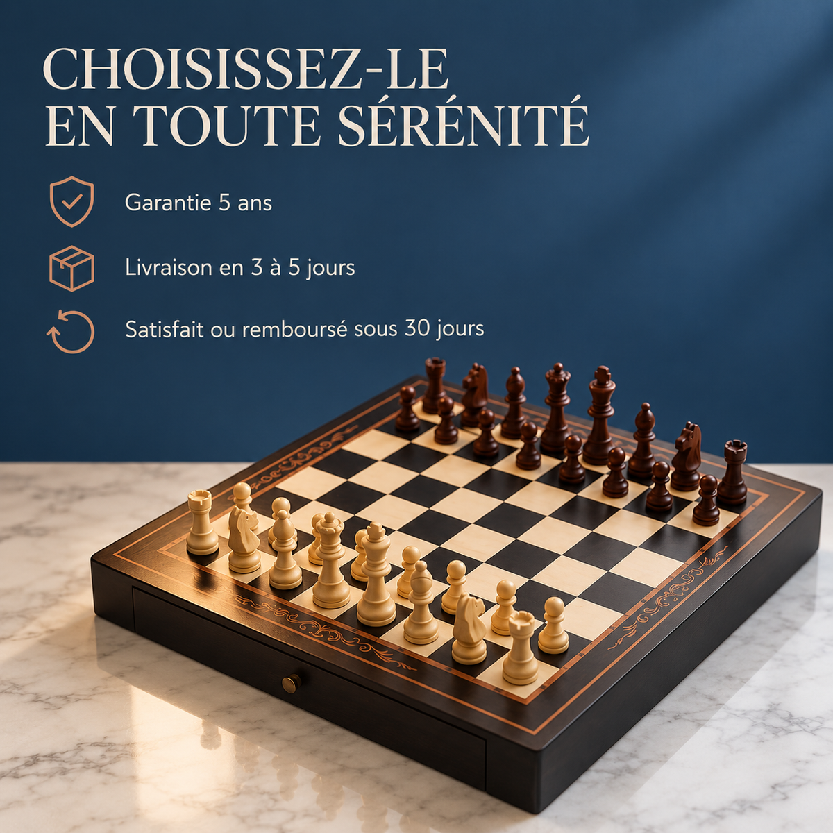 Échiquier magnétique en bois de noyer et d'érable avec tiroirs de rangement