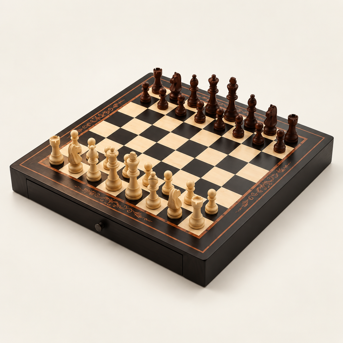 Échiquier magnétique en bois de noyer et d'érable avec tiroirs de rangement