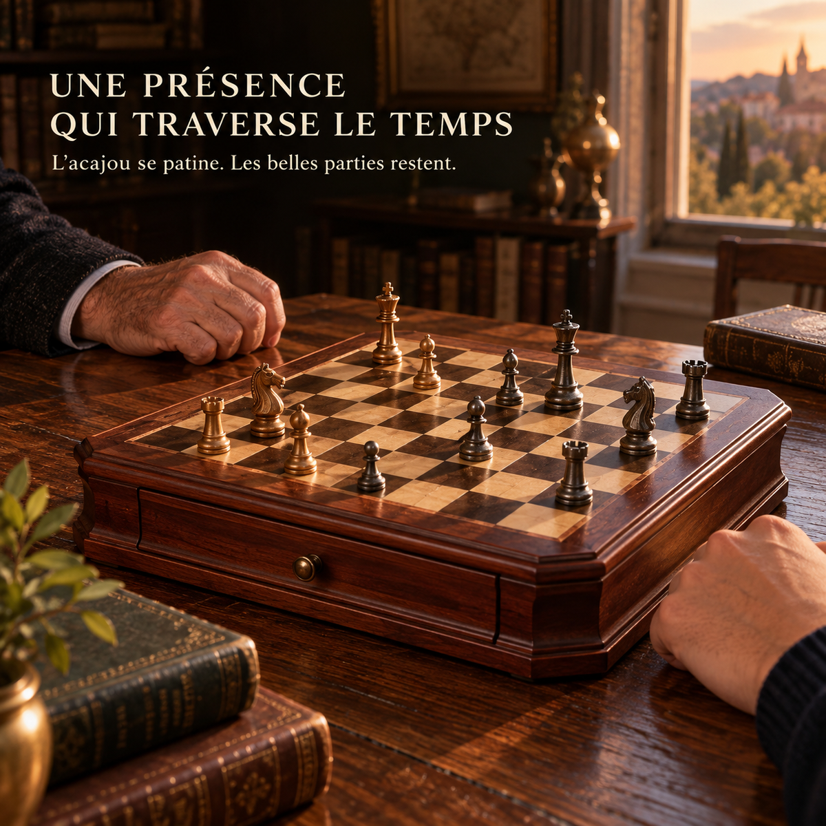 Jeu d'échecs en bois d'acajou avec tiroirs et pièces en métal vieilli