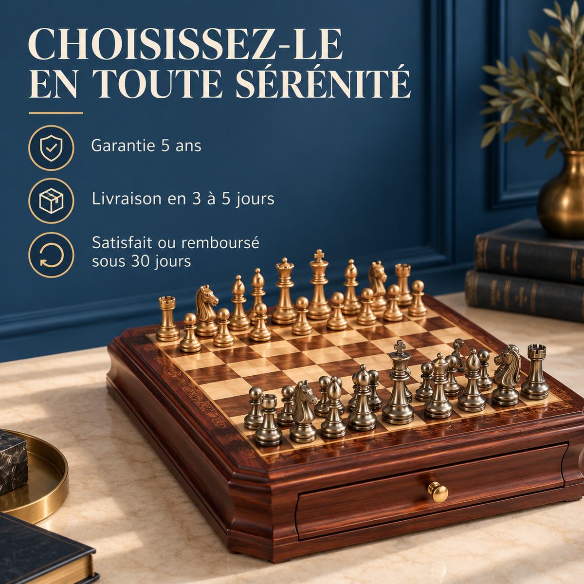 Jeu d'échecs en bois d'acajou avec tiroirs et pièces en métal vieilli