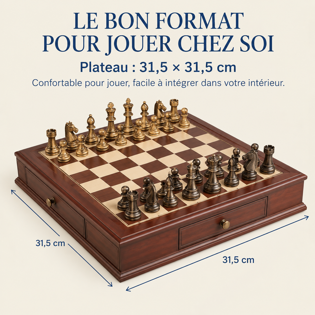 Jeu d'échecs en bois d'acajou avec tiroirs et pièces en métal vieilli