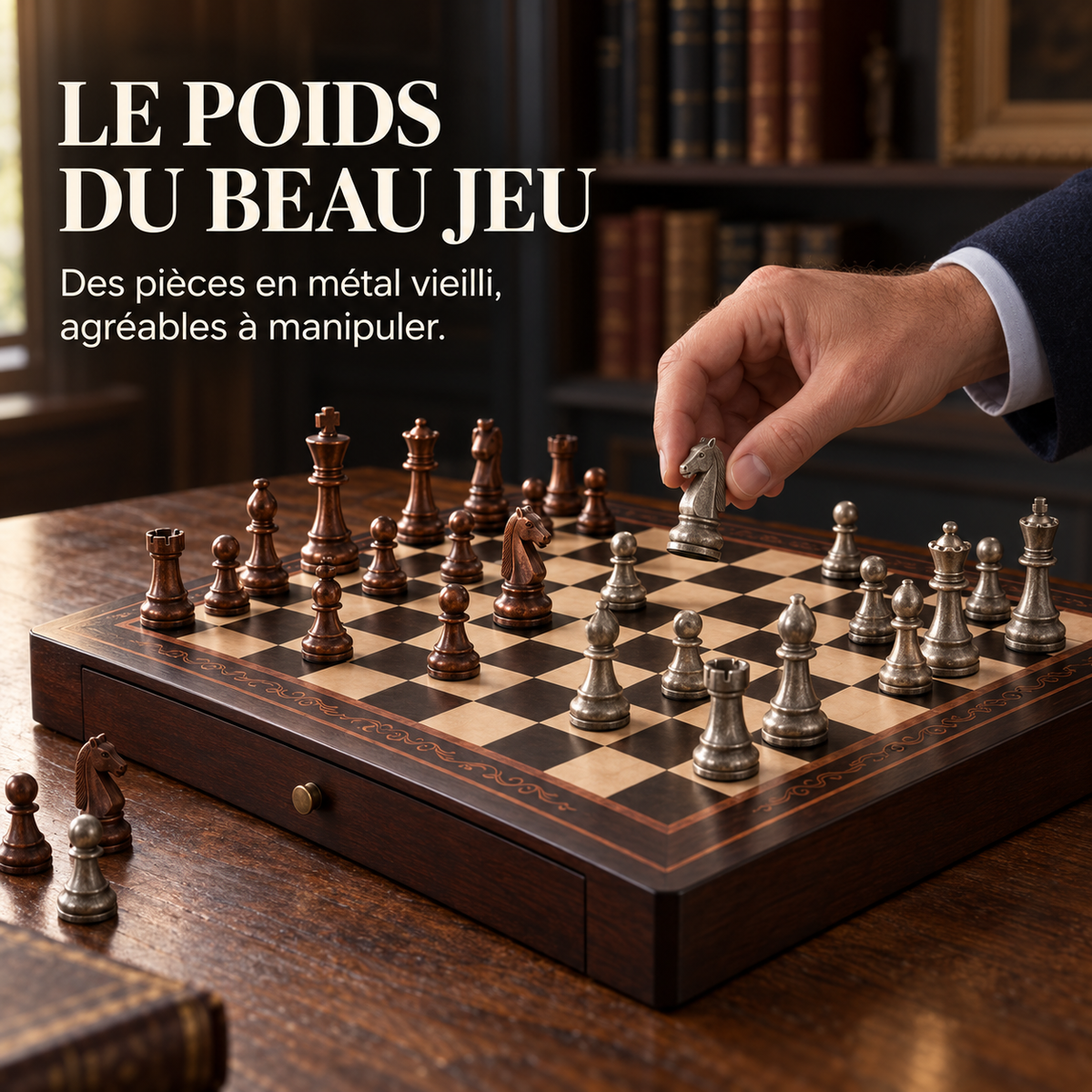 Jeu d'échecs en bois d'acajou avec tiroirs et pièces en métal vieilli