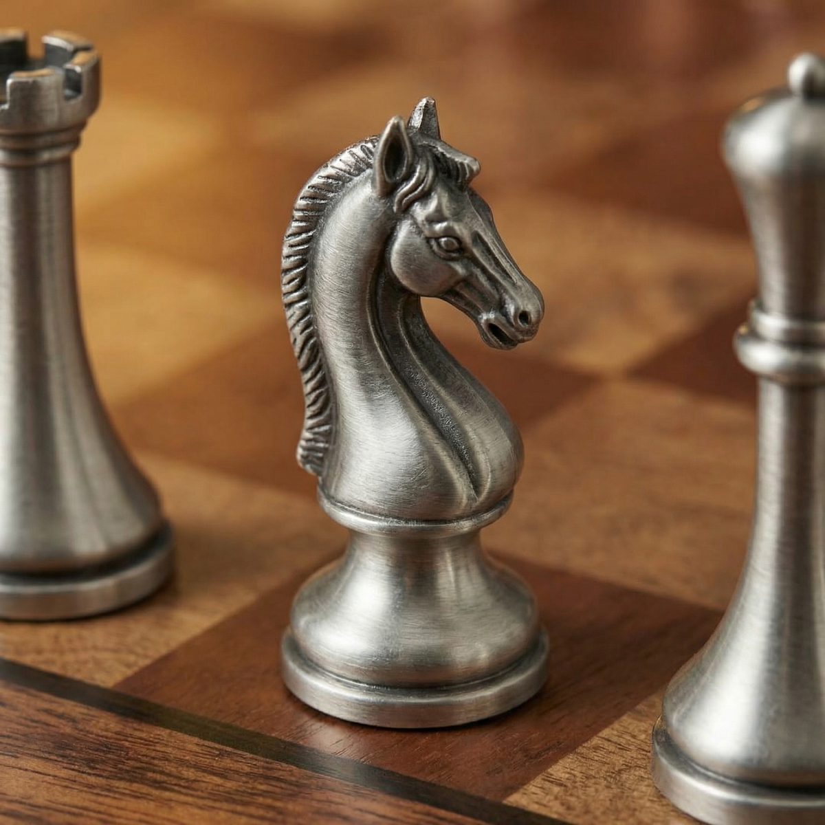 Jeu d'échecs en bois d'acajou avec tiroirs et pièces en métal vieilli